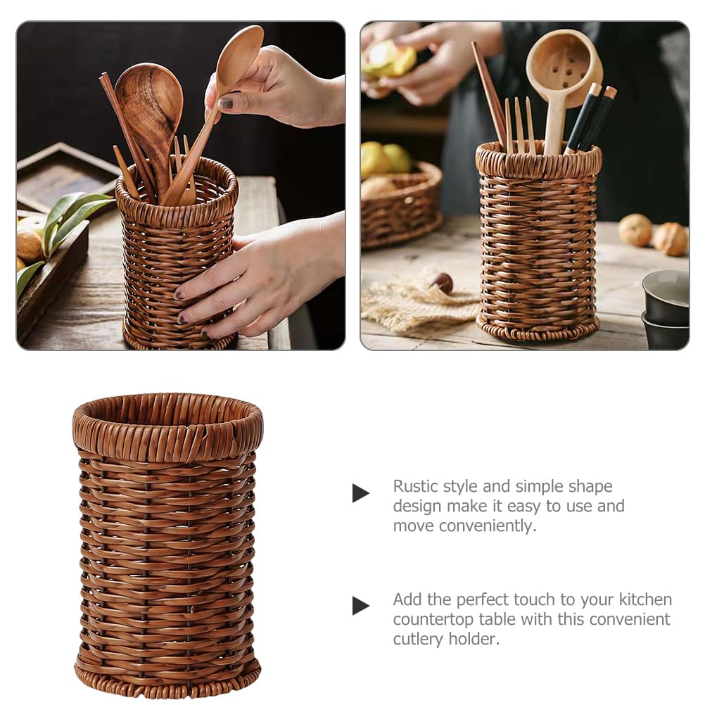 Przenośny tkany rattanowy uchwyt na sztućce do kuchennego bufetu i stołu - stylowy kompaktowy (15,60 cm x 10,39 cm x 10,39 cm) - idealny do domu i na imprezy