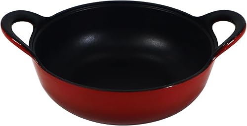 Miniatura 5 de Olla Balti de hierro fundido esmaltado (rojo) con tapa de vidrio, 3 cuartos de galón de hierro fundido mediano, antiadherente de hierro fundido