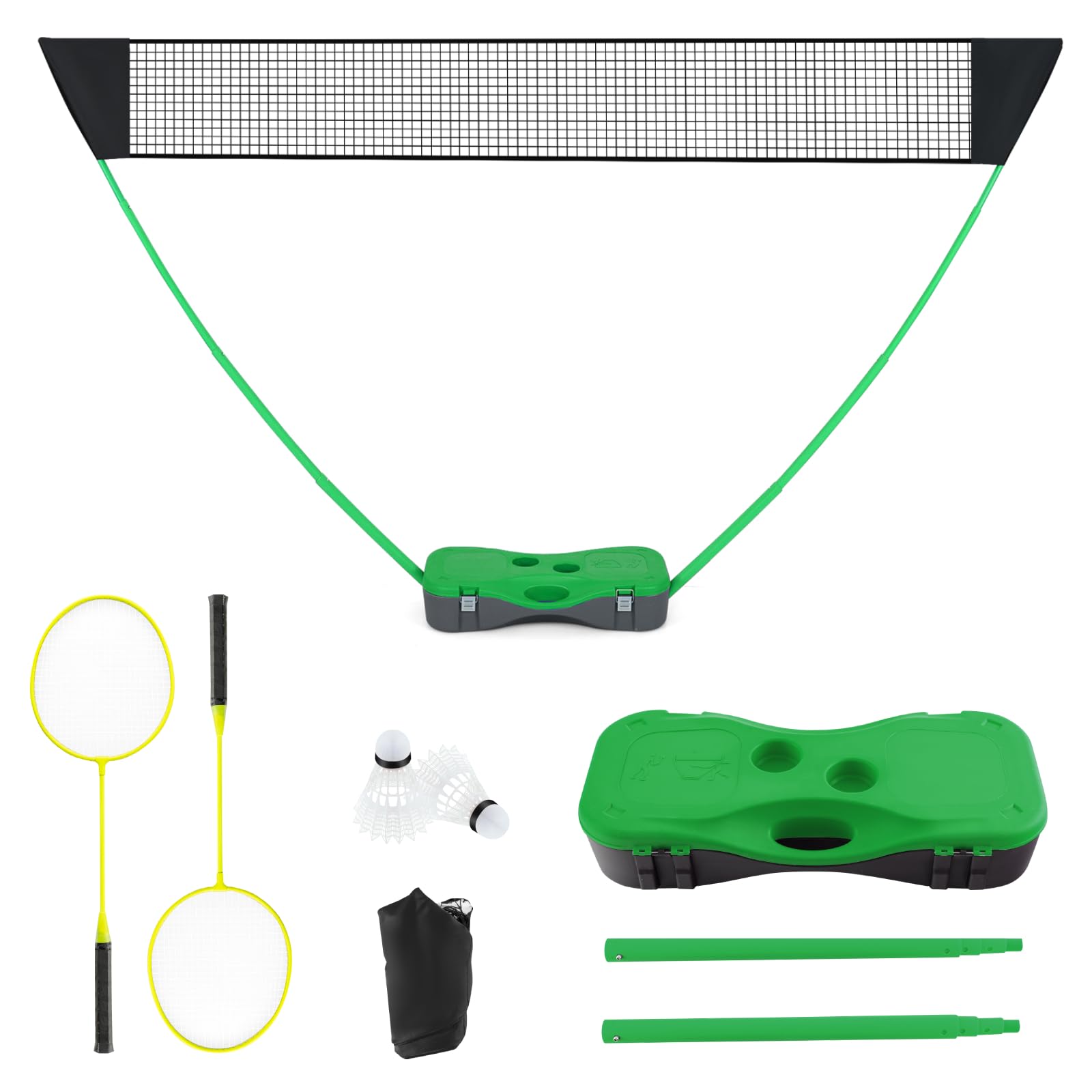 SPOTRAVEL Portable Badminton Net Set with Freestanding Base, Folding Badminton Net with 2 Badminton Rackets and 2 Shuttlecocks for Indoor Outdoor Games (Green)
