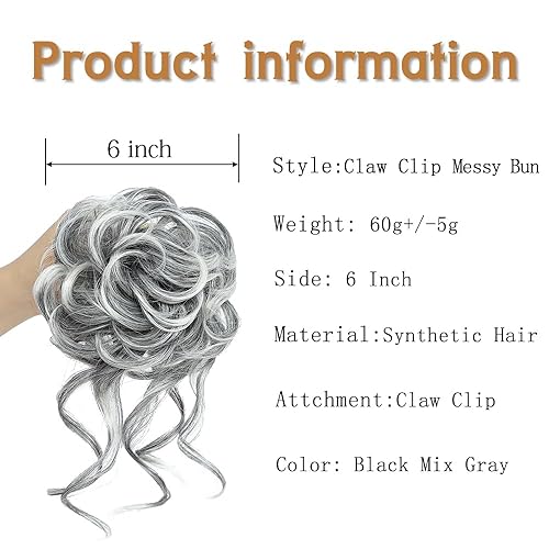 Miniatura 2 de AFNOTE Moño desordenado, pinza de garra, moños despeinados, extensiones de moño sintético rizado para mujer (negro mezcla gris)
