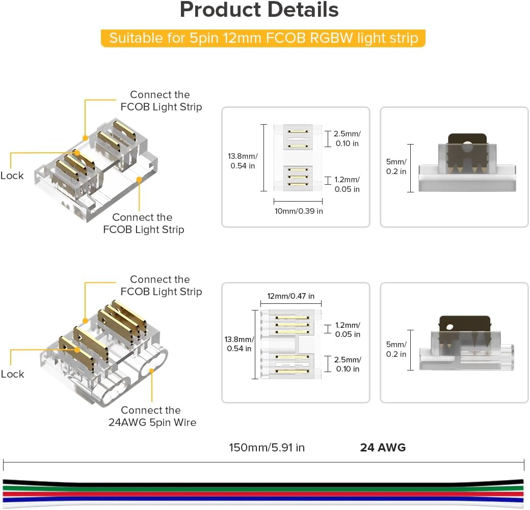 16.4FT COB RGBW LED Strip with 5in1 WB5 2.4GHz WiFi PWM LED Controlle and 5pin 12mm RGBW Connector Kit