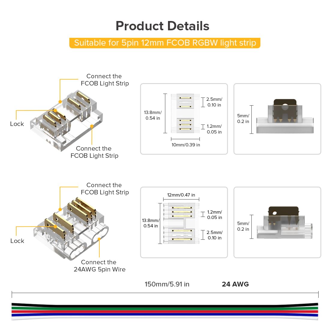 FCOB COB RGBW LED Streifen RGB+WW(2700K) 896LEDs/M 3M 24V CRI90+ Uniform Mehrfarbig Dimmbar LED Licht mit 5pin 12mm transparente Connector