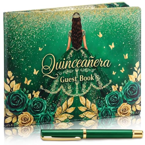 Image of MotiMind Quinceanera Guest Book with Pen 11 x 8 Inch Libro De Firmas Para 15 Anos Quinceanera Leather Hardcover Signature Guest Sign in Book for 15th Party Favors Decoration (Green,Elegant)