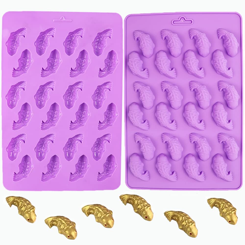 2Pcs 24 Cavity Koi Fish Carp Goldfish Silicone Molds for DIY Fondant Candy Making Chocolate Mold Desserts Ice Cube Trays Gum Clay Biscuit Plaster Resin Cupcake Topper Cake Decor Moulds
