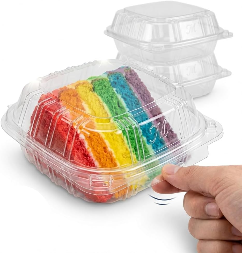 Mr Miracle Clamshell Containers - Clear Disposable Plastic To-Go, Leak-Resistant and Durable for Delivery like Uber Eats, Ideal for Cakes, Salads, Small Sandwich, Personalizable (5" X 5" - 100 Count)