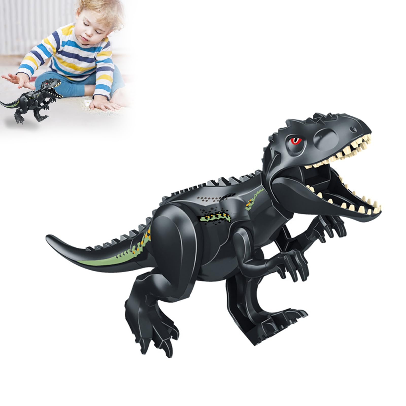 Dinosaur Building Blocks Toy for Kids, Large T-Rex & Indominus Rex DIY Construction Set with Movable Jaws & Joints, Realistic Dinosaur Model, Educational Toys for Boys and Girls Ages 6-12 (Black)