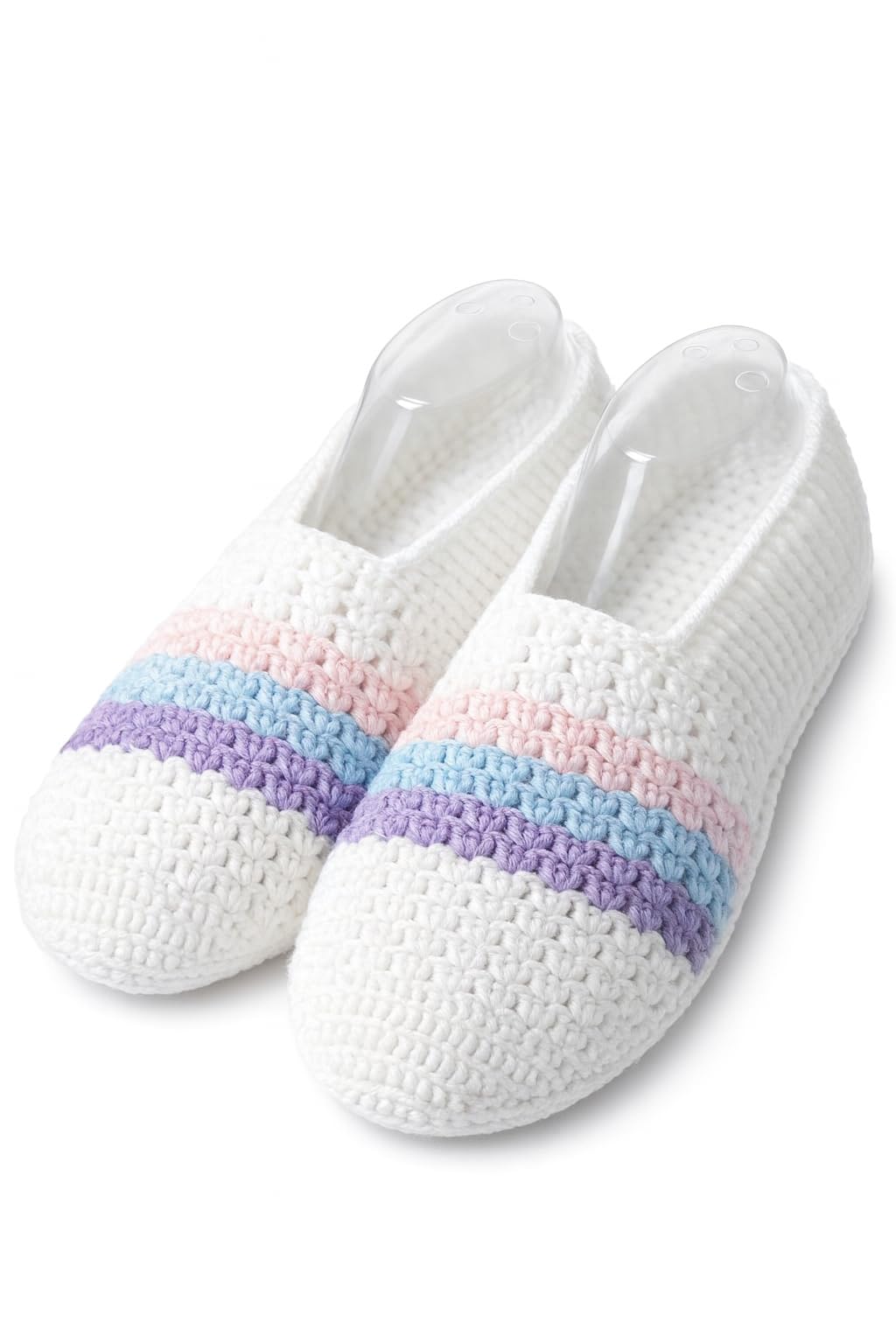 Handmade Crochet House Slippers, White with Pastel Rainbow Stripes, Soft Cotton Knit Indoor Footwear-picture-10