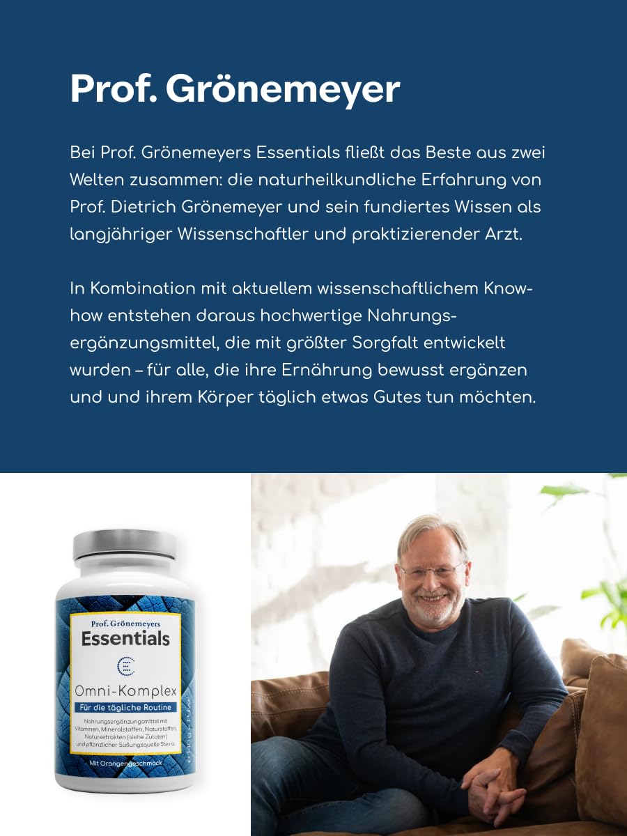 Prof Grönemeyer Essentials OmniKomplex Zellschutz Komplex, 140g Trinkpulver | Zellbooster mit 13 Vitaminen, 5 Mineralstoffen, Q10, MSM & OPC, Nahrungsergänzung für Immunsystem & Energie, Made in Germany