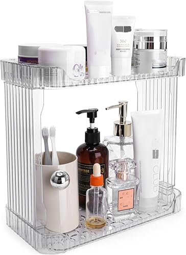 Organizador acrílico de 2 niveles para mostrador de baño, organizador de maquillaje para tocador, estante organizador transparente para