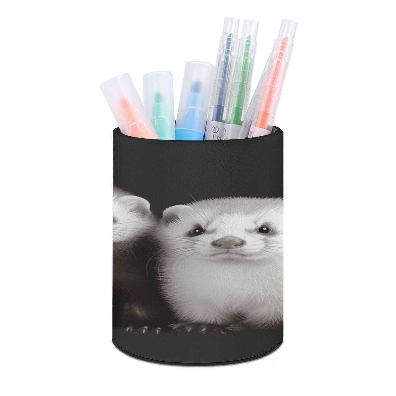 VstaDank Ferrets Pen Holder Leather Pencil Cup Round Pencil Holder for Desk Organizer Personalized Pen Cup Fashion Pen Organizer Makeup Brush Holders for Office Home&Gift
