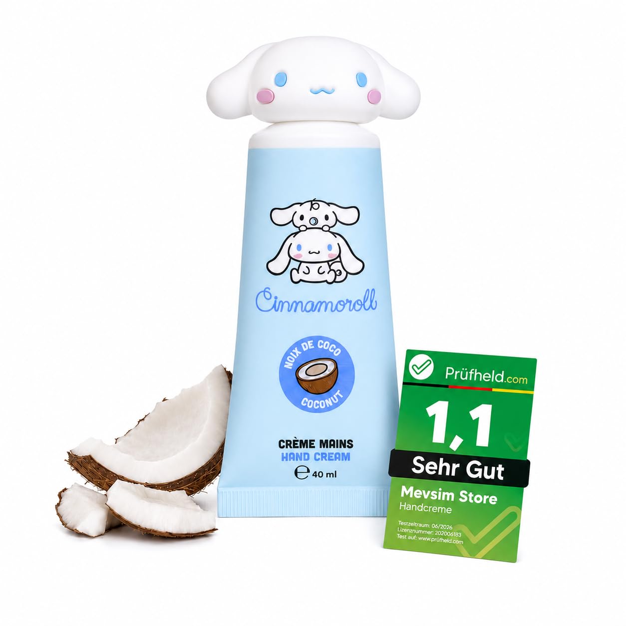 Cinnamoroll krem do rąk, 40 ml, zapach kokosa, nawilżający do pielęgnacji suchych rąk, szybko się wchłania, rozmiar podróżny, pomysł na prezent dla dzieci i nastolatków, produkt przetestowany wegański