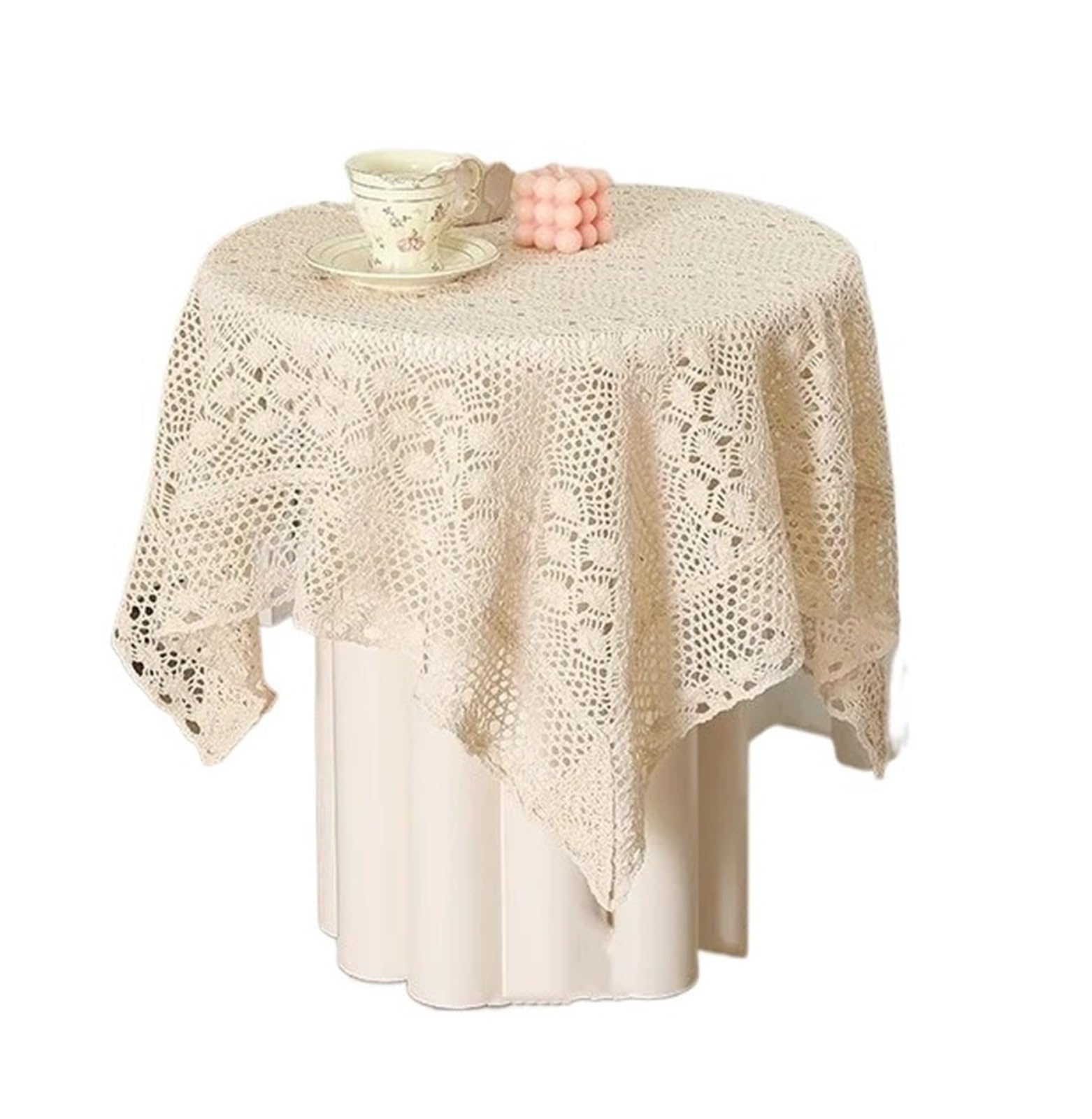 ZNTIHZ Rectangular Bedside Table Cover Crochet Hollow Tablecloth Retro Dining Lace Soft Flag For Furniture Dresser(Beige,110x110cm)