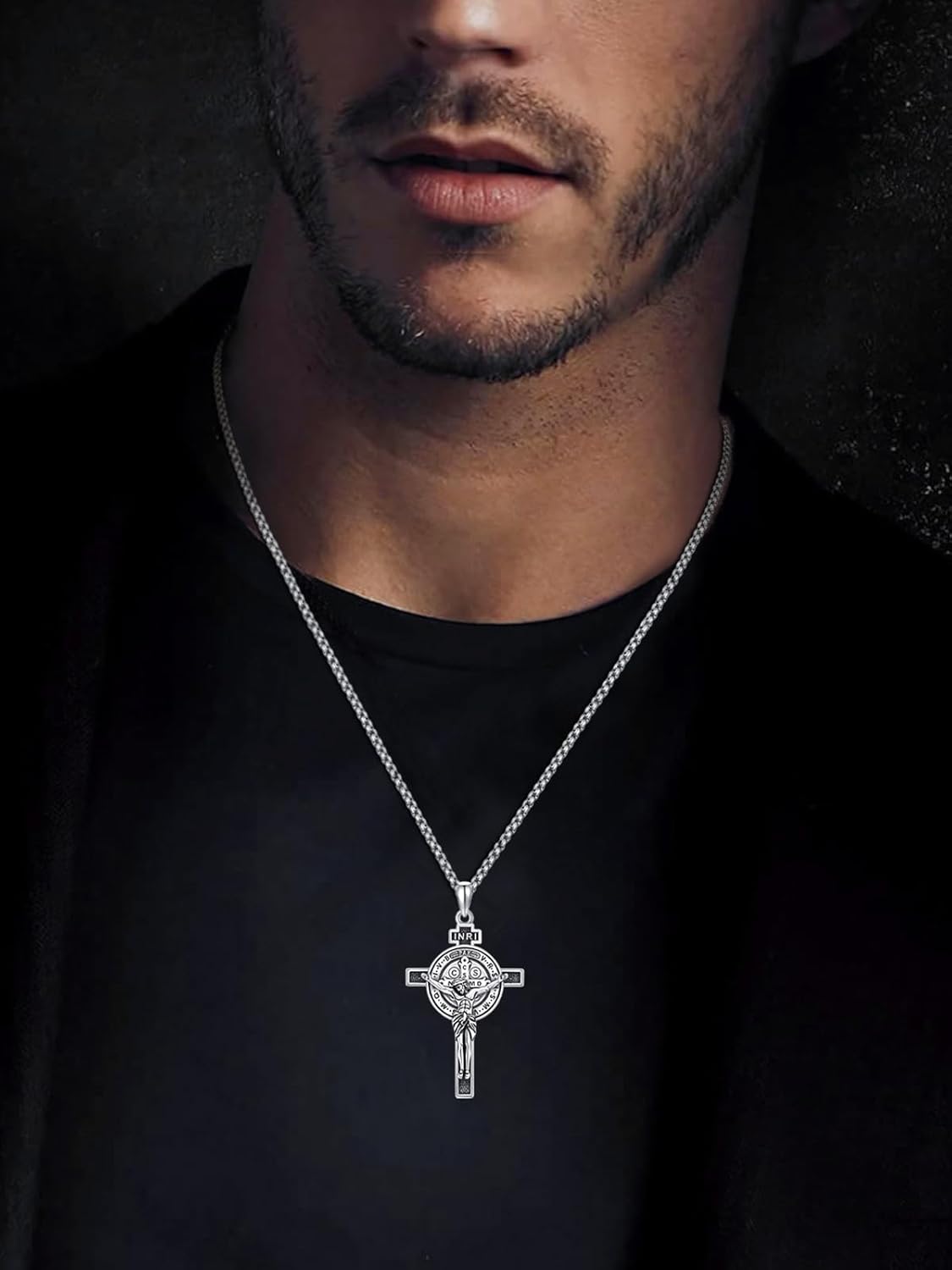 ADMETUS 925 Sterling Silver Patron Saint Necklace | Amulet Necklace Cross Jewelry for Men with 2.5mm 22"+2" Rolo Chain - Image 3