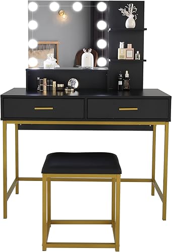 Miniatura 9 de Henf Escritorio blanco con espejo y luces, mesa de tocador de maquillaje, 2 cajones y 3 estantes de almacenamiento, tocador de dormitorio con