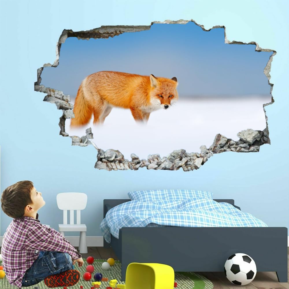 Pegatinas de pared rotas en 3D, Mural de pared de zorro, arte de Animal, guardería, dormitorio infantil, sala de estar, fondo, calcomanía de pared, decoración extraíble para el hogar
