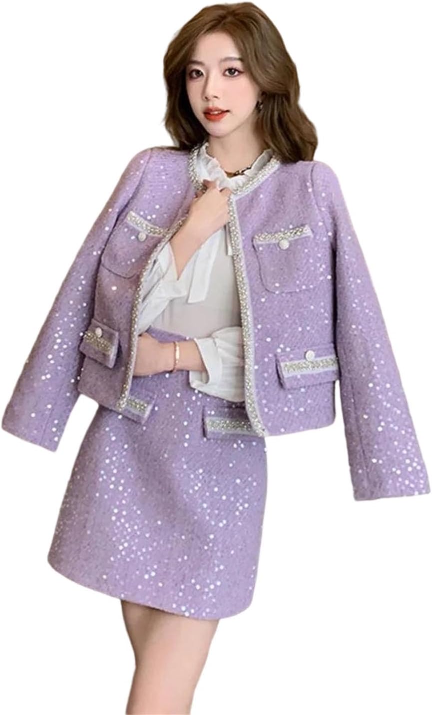 Women Tweed Two Piece Set Sequin Jacket Skirt Office Party Outfit