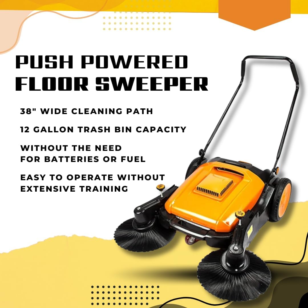RT980S 38" Outdoor and Indoor Manual Push Floor Sweeper with Triple Brushes, 12-gal Waste Container, 38,000 Square Feet per Hour, Walk-Behind Industrial and Commercial Floor Sweeper