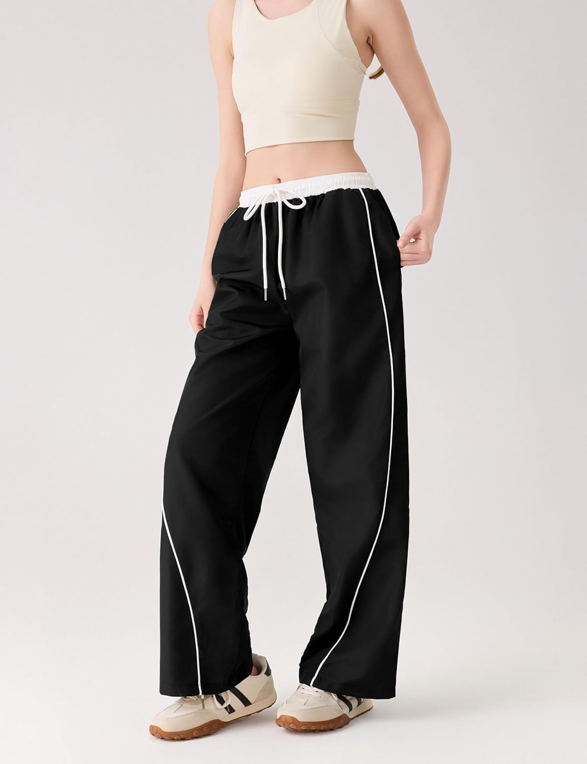 Womens Parachute Pants Y2K Baggy Wide Leg Pants Cargo Sweatpants Drawstring Waist Hiking Jogger Pants Trousers - Image 4