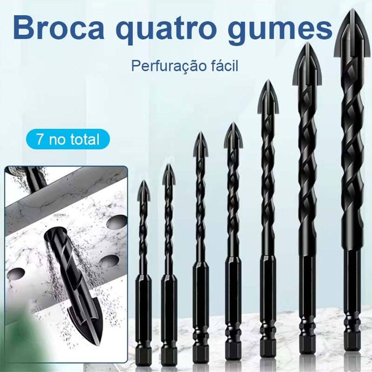Jogo Brocas Concreto 7 Peças - Broca para Porcelanato, Azulejo, Madeira e Pedra - Metal Duro - 3 a 12mm - Compatível com Todas Furadeiras Jogo Brocas Concreto 7 Peças - Broca para Porcelanato, Azulejo, Madeira e Pedra - Metal Duro - 3 a 12mm - Compatível com Todas Furadeiras