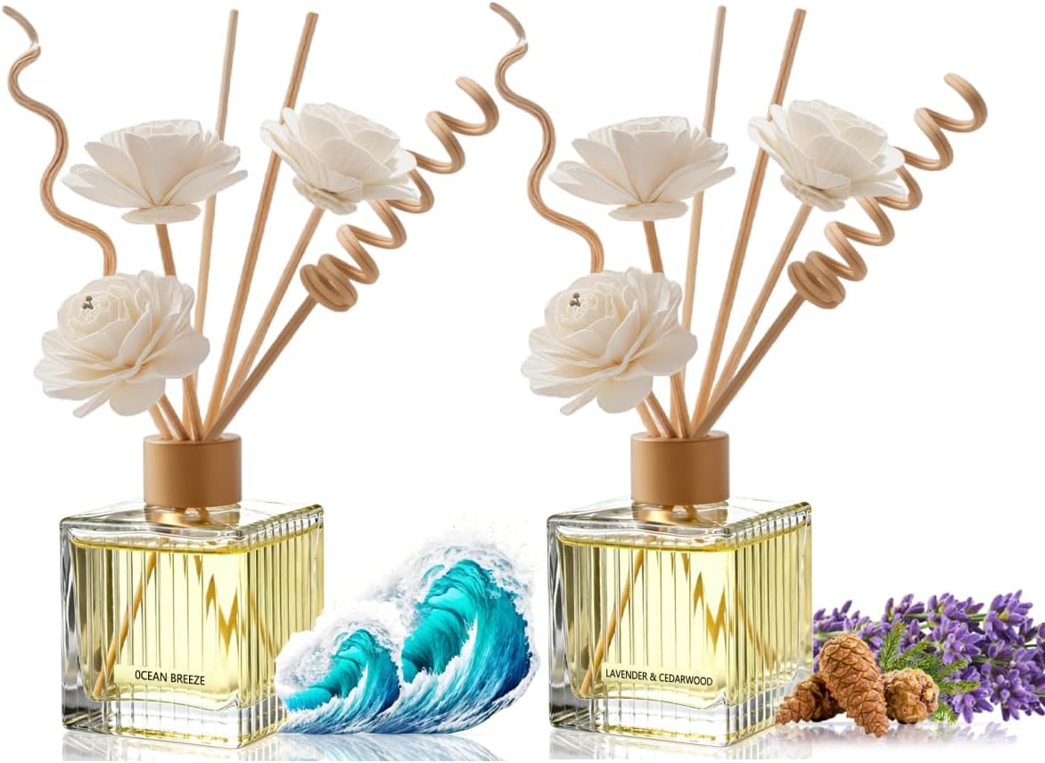 Ocean Breeze & Lavender Cedarwood Premium Reed Diffuser Duo - 2×200ml Glass Bottles with Natural Rattan Sticks & Dried Flowers | Fresh & Calming Home Fragrance Set for Living Room, Bedroom, Office | A