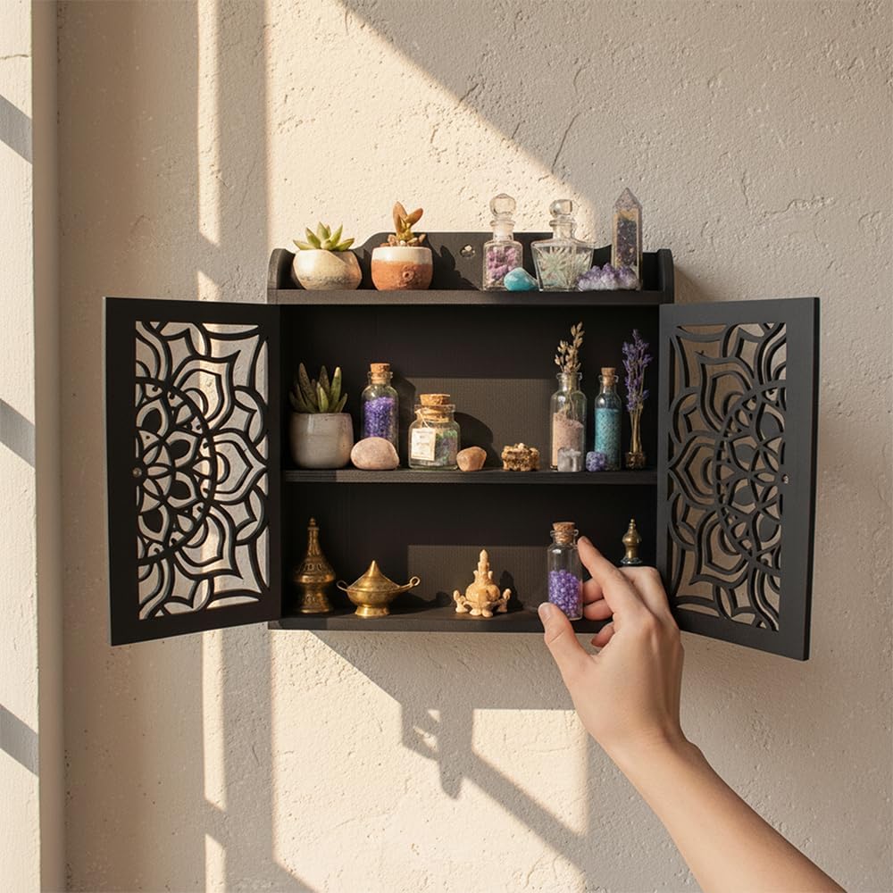 Crystal Display Shelf for Essential Oil and Nail Polish, Display Case for Crystal Rock Gem and Healing Stone, Wall Shelf for Trinket and Knick Knack, Gothic Witch Shelves