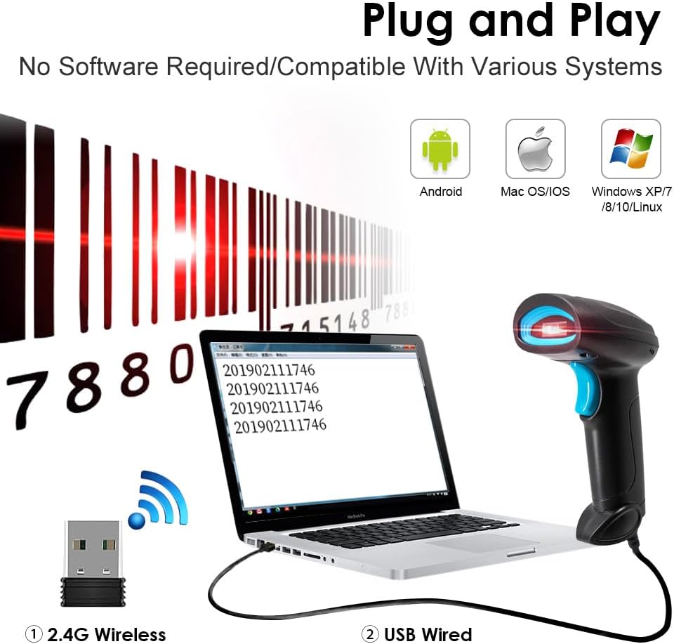 Barcode scanner, USB receiver, and USB cable