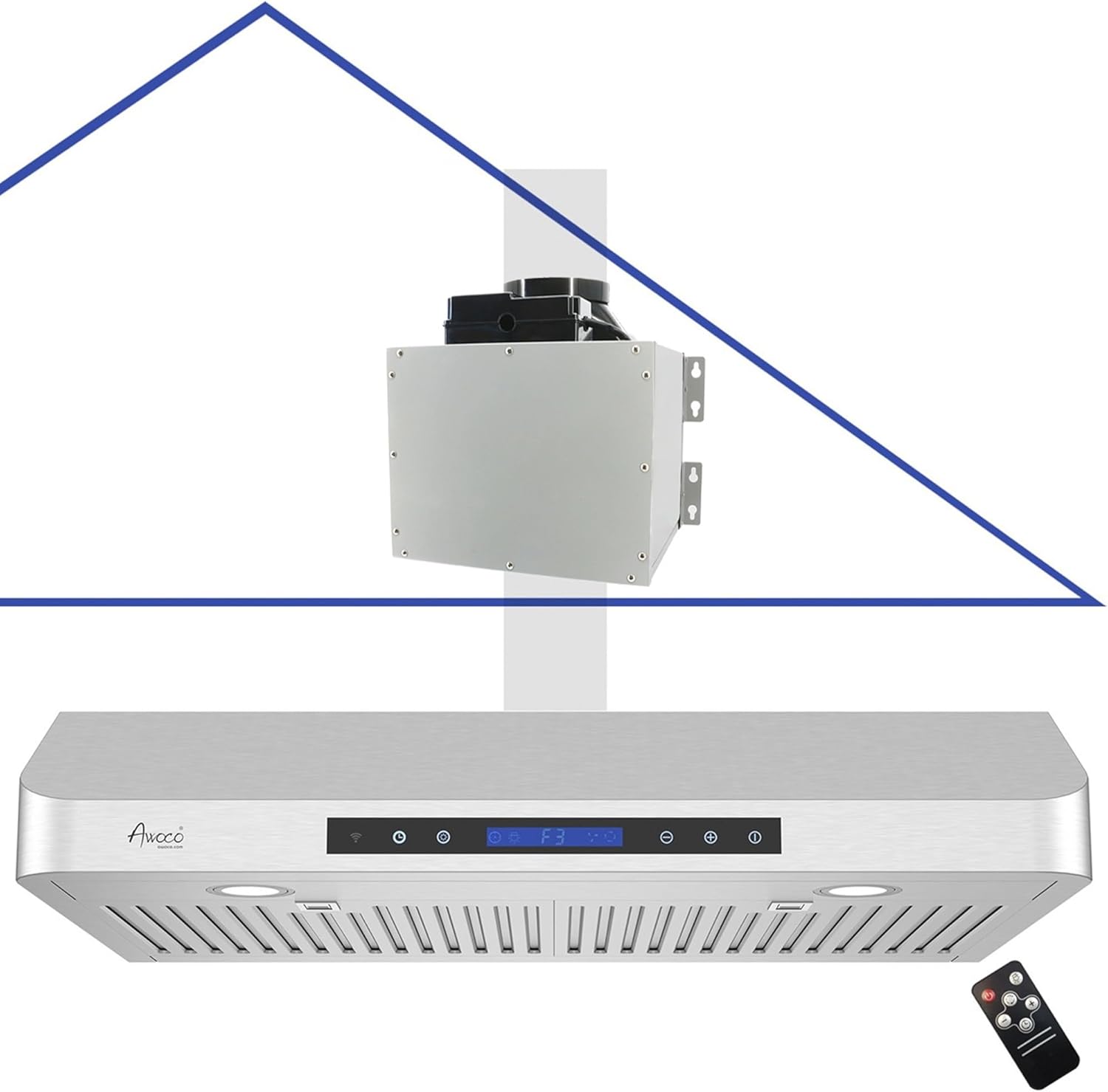 Awoco RH-SP06-T Super Quiet Split Stainless Steel Range Hood, 4 Speeds, 6" Round Top Vent, 800CFM, with LED Lights (36"W 6" Vent)