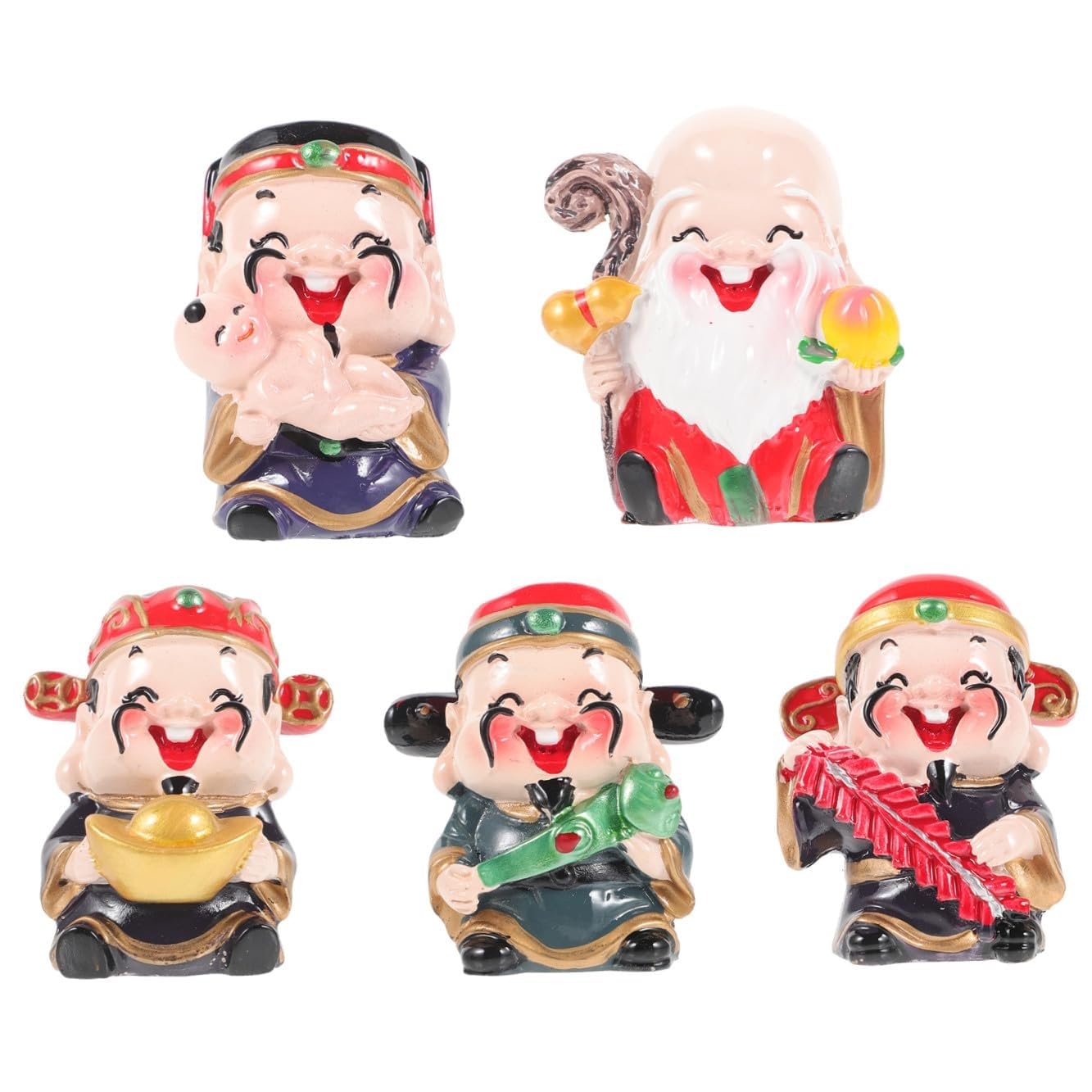 YUZDNM God of Wealth Figurines Set 5 Pieces Resin Chinese Wealth Statues Cartoon Desktop Ornaments for Home Office Decoration