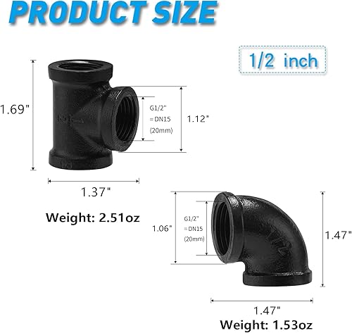 Vista 12 de Camiseta y codo pintado negro de 1 pulgada, paquete de 20 codos/camiseta de hierro fundido roscado para proyectos de decoración de tuberías