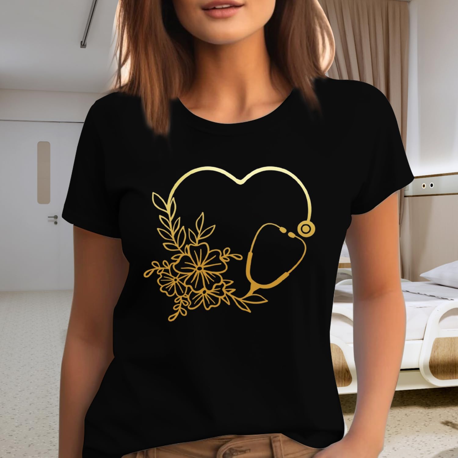 Nurse Shirts for Women School Nurse Stethoscope Heart Print Tshirt Nursing Week Tee Tops - Image 4