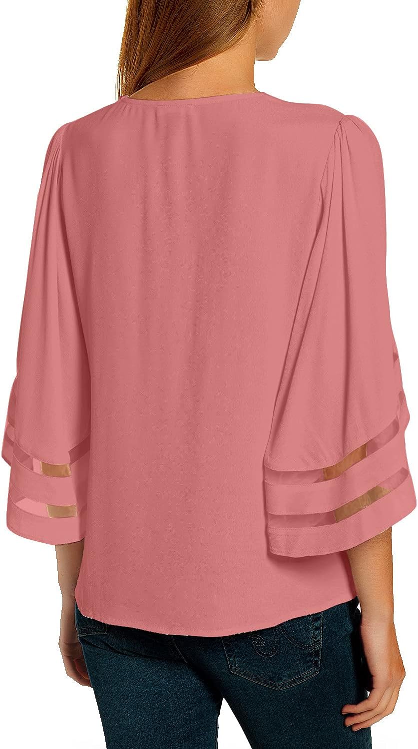 luvamia Women Casual Strappy V Neck Blouse 3/4 Bell Sleeve Mesh Panel Shirts Top - Image 2