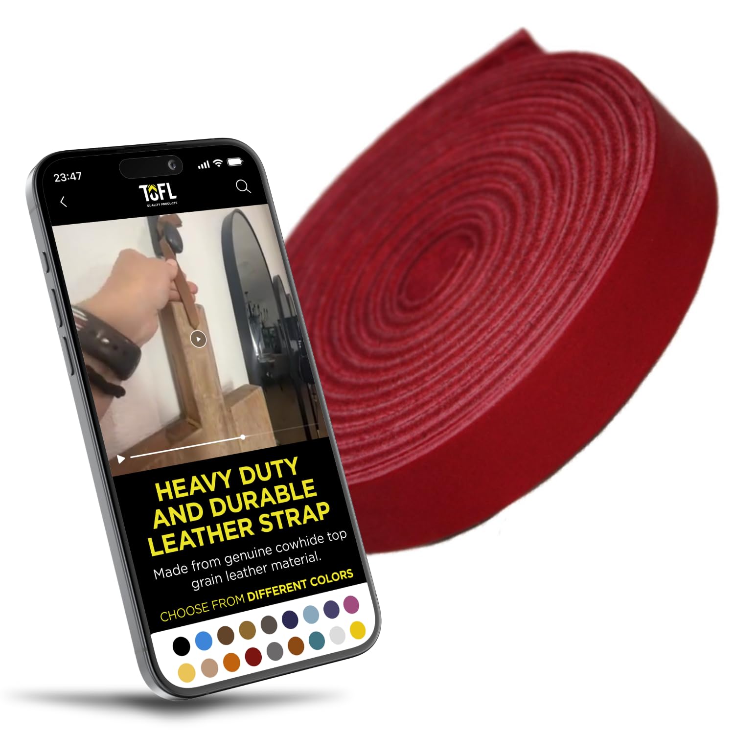 TOFL Genuine Leather Strap | 72” Long x 1/2” Wide x 1/16 Inch Thick (4-5 oz) | Leather Strips for Crafts, Belts, Jewelry & DIY Projects | Red