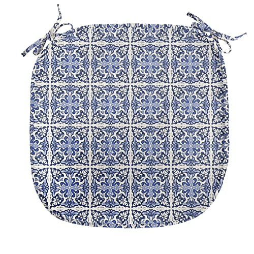 Lunarable Azulejo Chair Seating Cushion Set Of 4, Ethnic Portuguese Ceramic Tiles Like Mosaic Motifs Traditional Design, Seat Pads For Office With Anti-Slip Backing, 16"X16", Ivory And Lavender Blue #TOP1