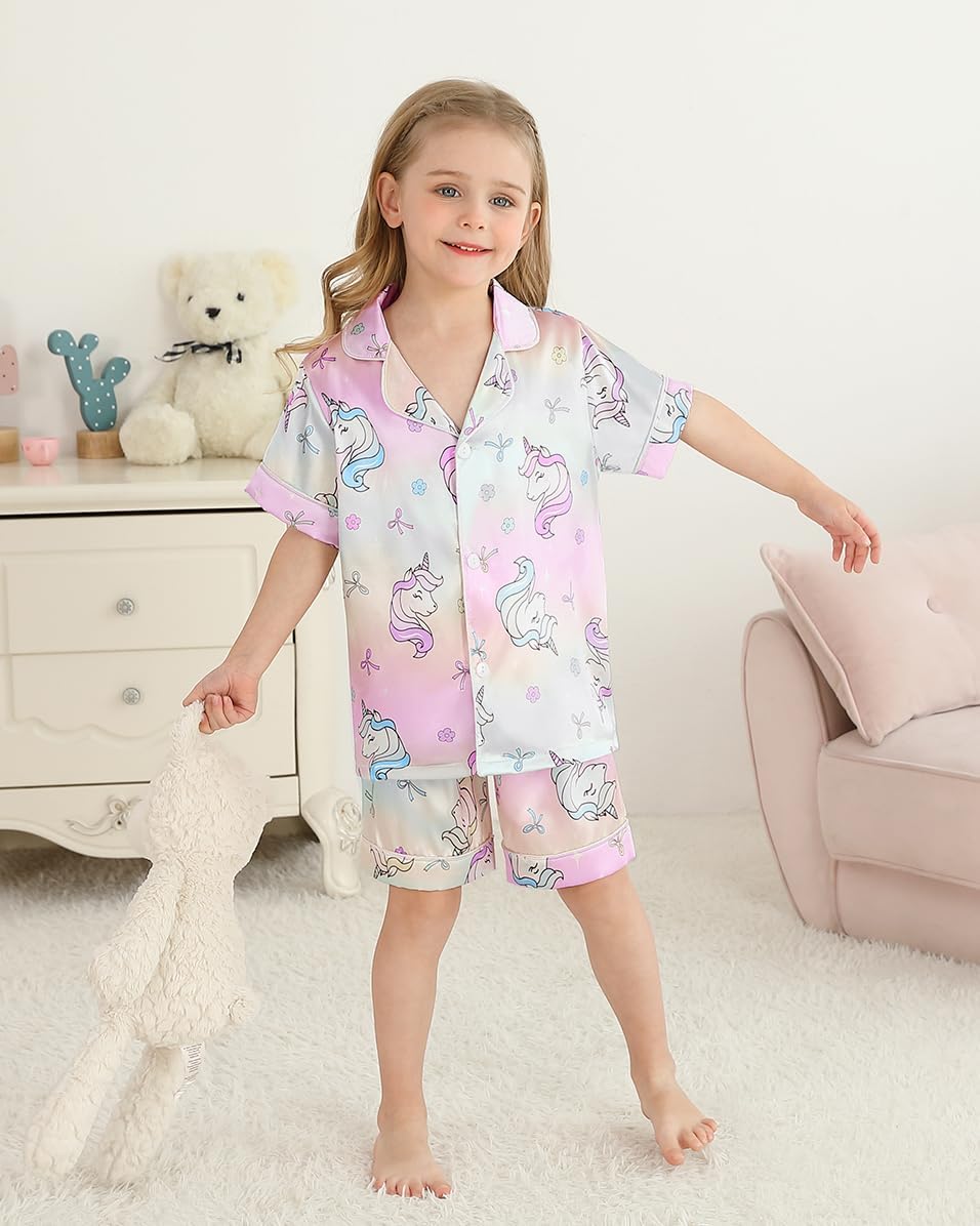 Weixinbuy Toddler Silk Pajamas Short Sleeve Button-Up Summer Pjs for Girls Boys Satin Pajama Sleepwear Set 2-7 Years image 3