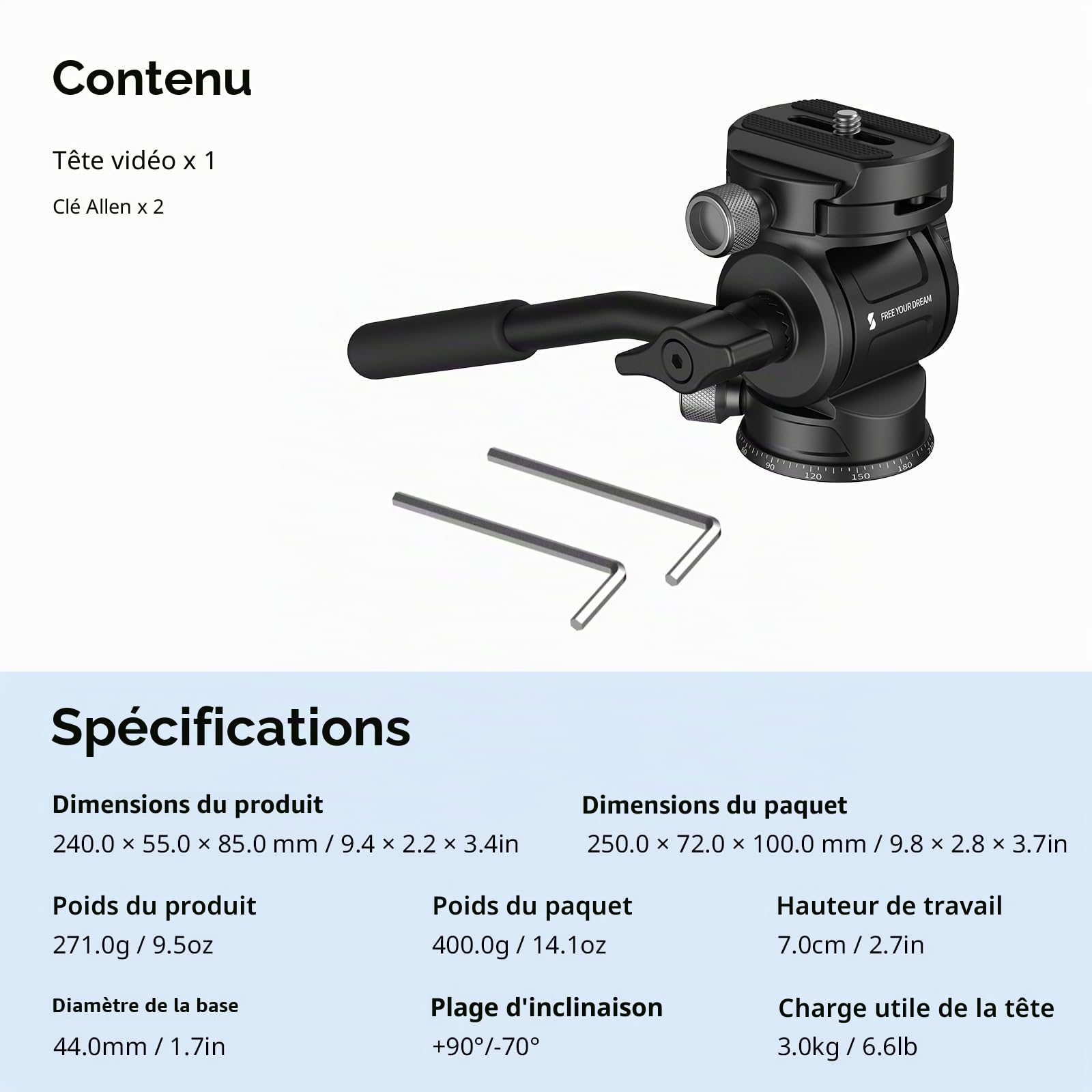 SMALLRIG Tête Vidéo CH3, Tête Fluide pour Trépied, avec Plaque à Dégagement Rapide pour Arca Swiss, Support Pivotant à 360° et Inclinaison à 90°/-70°, Charge Maximale 3 kg/6,6 LB pour Caméra - 4936