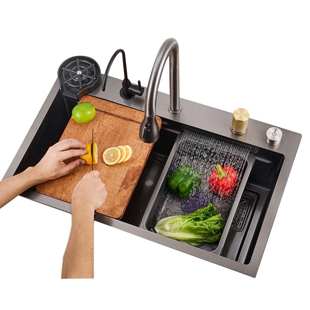 Fregadero De Sifón De Acero Inoxidable Fregadero Doméstico De Gran Capacidad Lavabo De Cocina Multifuncional Lavabo De Baño (Color : Negro, S : 68 * 46 * 22cm)