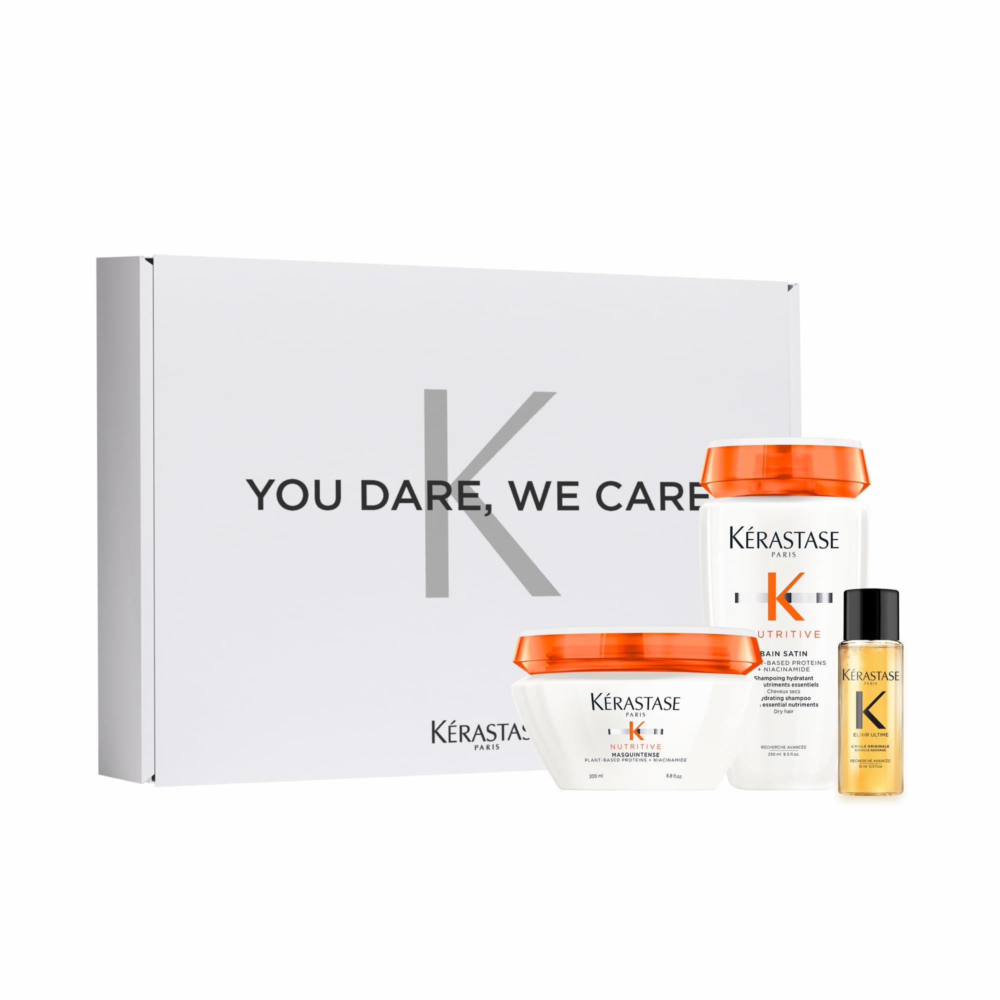 Kérastase Pflegeset mit Nutritive Bain Satin Riche High Nutrition Rich Shampoo, Nutritive Masquintense Deep Nutrition Soft Mask und Elixir Ultime Huile Originale Haaröl in Reisegröße (15 ml) gratis