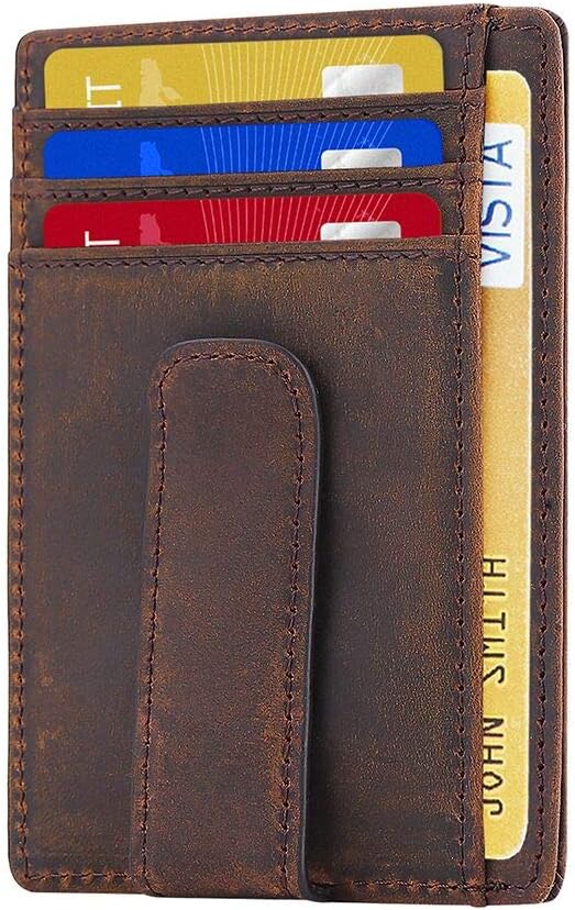 RFID Blocking Minimalist Genuine Leather Money Clip Wallet Slim Front Pocket Wallet Credit Card Holder with ID Window