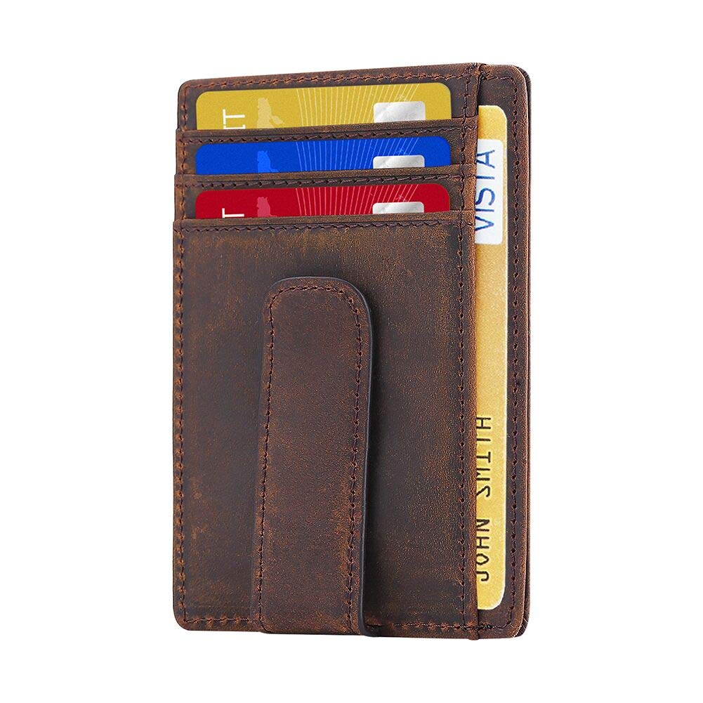 RFID Blocking Minimalist Genuine Leather Money Clip Wallet Slim Front Pocket Wallet Credit Card Holder with ID Window