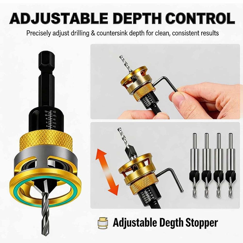 Two-Flute Counterbore with Depth Stop,Adjustable Countersink Drill Bit Set,4PCS Four-Flute HSS M2 Tapered Drill and Depth Stop Collar, Tapered Head 3/8” 82° Counter-Bore,1/4” Hex Shank (2PCS)