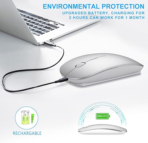 Miniatura 5 de AE WISH ANEWISH Ratón inalámbrico de modo dual (Bluetooth 4.0+USB), ratones silenciosos recargables con receptor USB, mouse Bluetooth delgado para