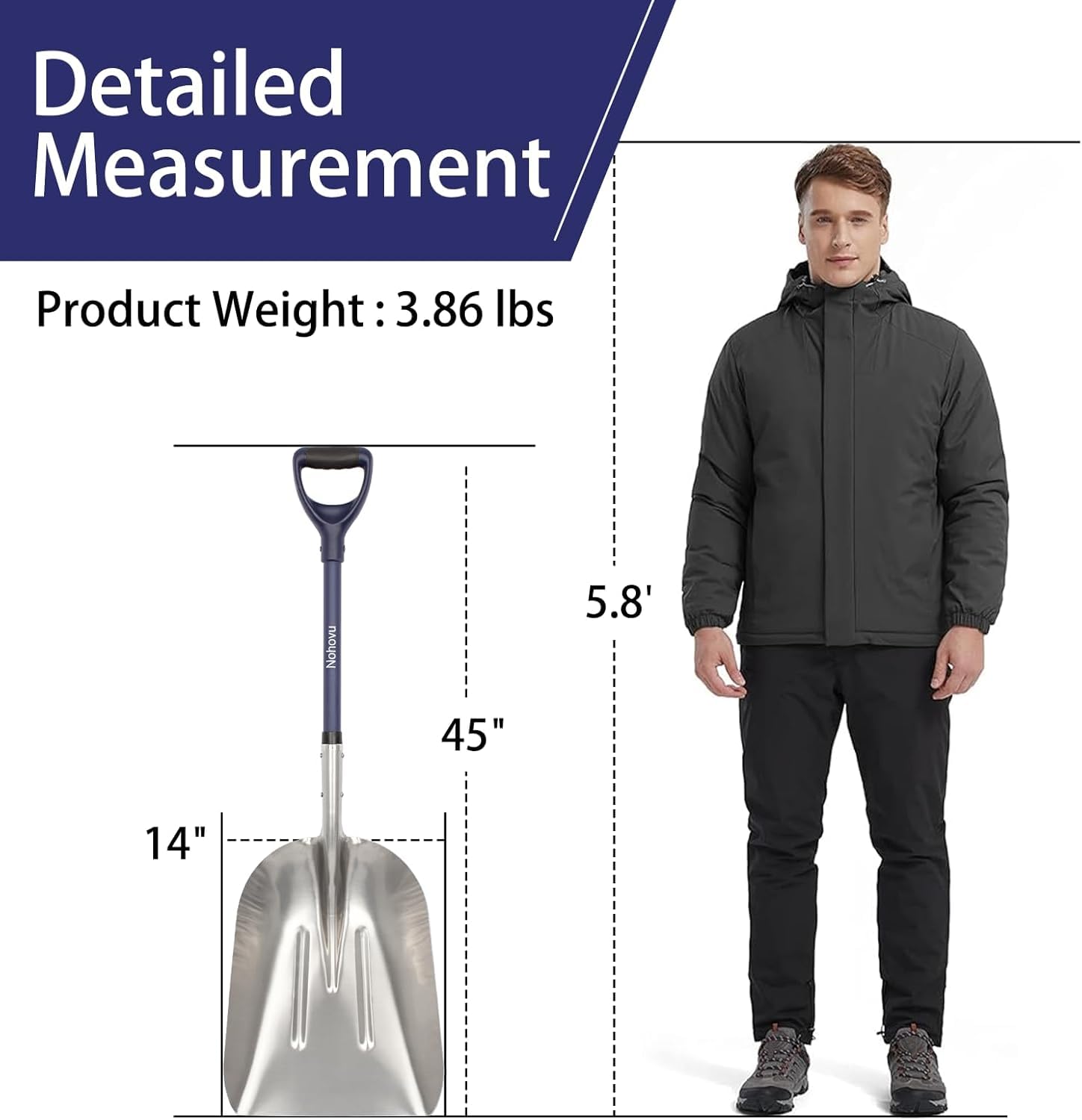 Nohovu Pala de nieve para entrada, pala de nieve de gran capacidad con mango en D, pala de nieve de aluminio para eliminación de nieve, 45 pulgadas
