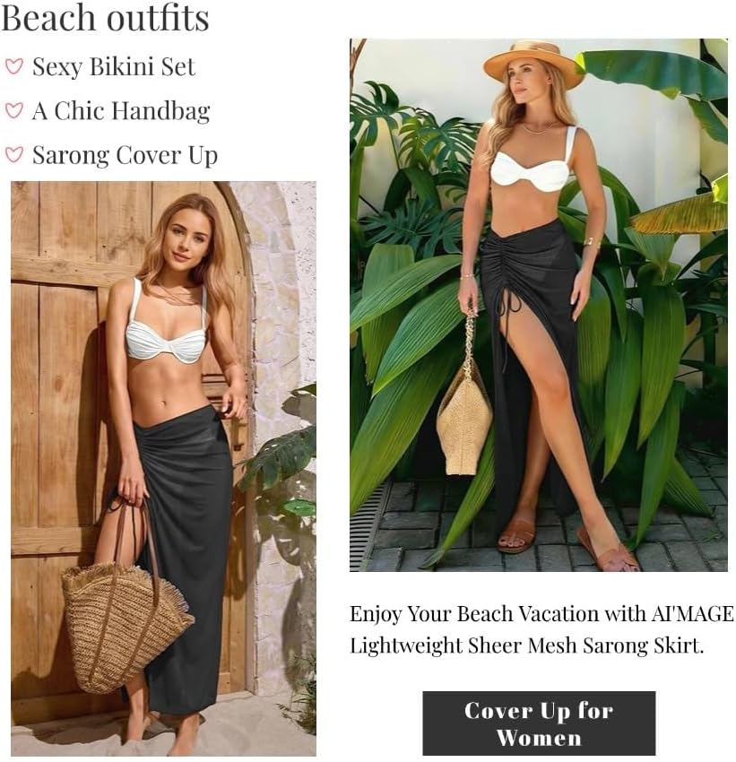 AI'MAGE Women's Sarong Swimsuit Coverup Sheer Mesh Beach Cover Up Skirt Long Bikini Wrap for Swimwear S-XXL - Image 2