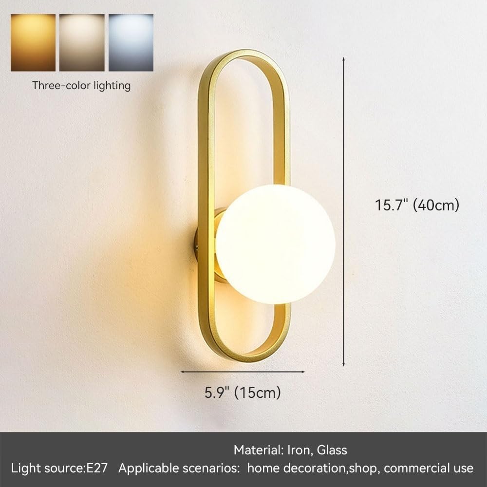 Modern Oval Wall Sconce, Creative Metal Ring Wall Lamp with White Glass Globe, Art Deco Vanity Light for Hallway, Living Room, Bedroom, Bedside, Entryway, Foyer Interior Parlor(Gold)