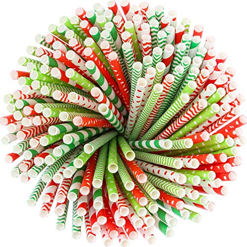 Cooraby 200 Pieces Christmas Paper Straws Biodegradable Drinking Stripe Bicolor Stripe Dot Chevron Straw Mix For Wedding Supplies And Party Favors, 8 Style (Red And Green) #TOP5