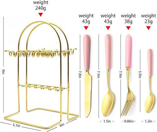 Miniatura 5 de Caliamary Juego de cubiertos dorados, juego de cubiertos de 24 piezas con soporte para cubiertos, cuchillos de acero inoxidable, tenedores,