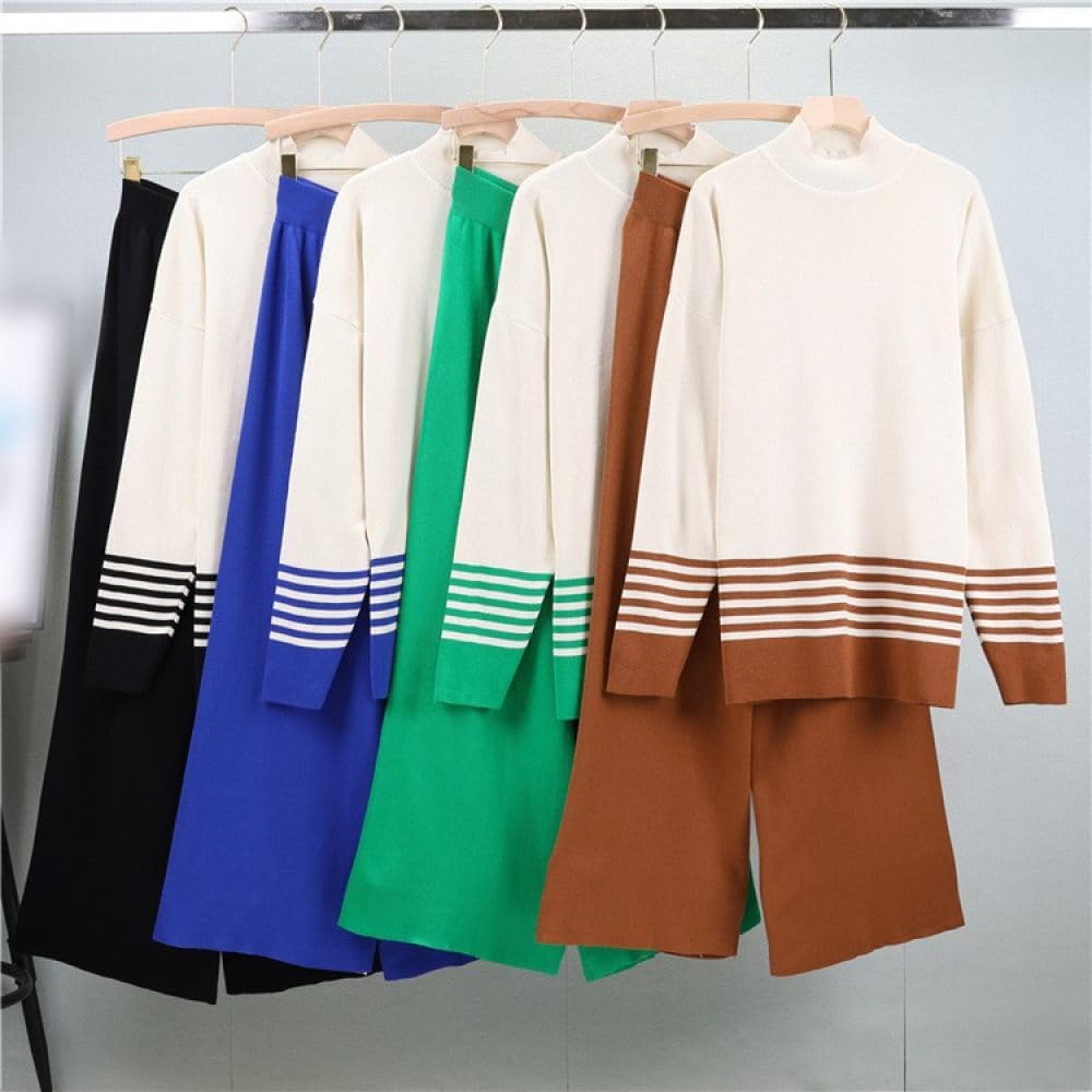 Strick Outfit Für Damen, 2 Teilig, Strickpullover Für Damen Mit Stehkragen, Farbblock Pullover Und Hose Mit Weitem Bein, Pullover Trainingsanzug, Gemütliche Lounge Kleidung Für Damen