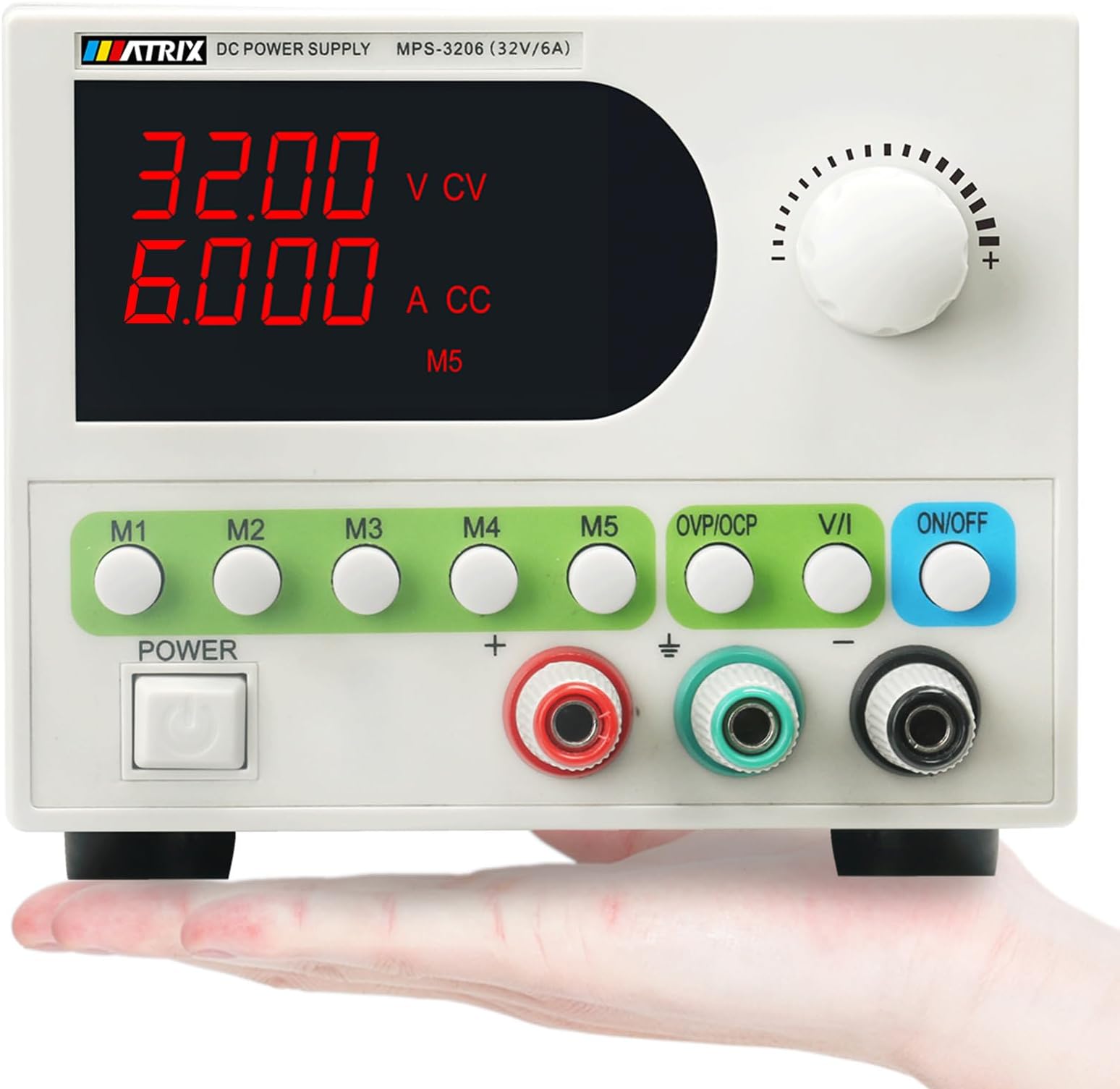 MATRIX DC Power Supply Variable, 32V 6A Adjustable Bench Power Supply 4-Digit Display 5 Sets Storage, Switching Regulated DC Lab Power Supply with Encoder Knob, Smart Fan and OCP/OVP/OTP (MPS-3206)