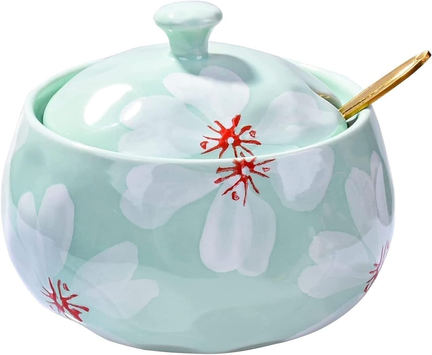 Barattolo per spezie, zuccheriera, in ceramica con coperchio, in ceramica ciano, zucchero, sale, pepe, condimento, con coperchio e cucchiaio, per casa e cucina (rosa)
