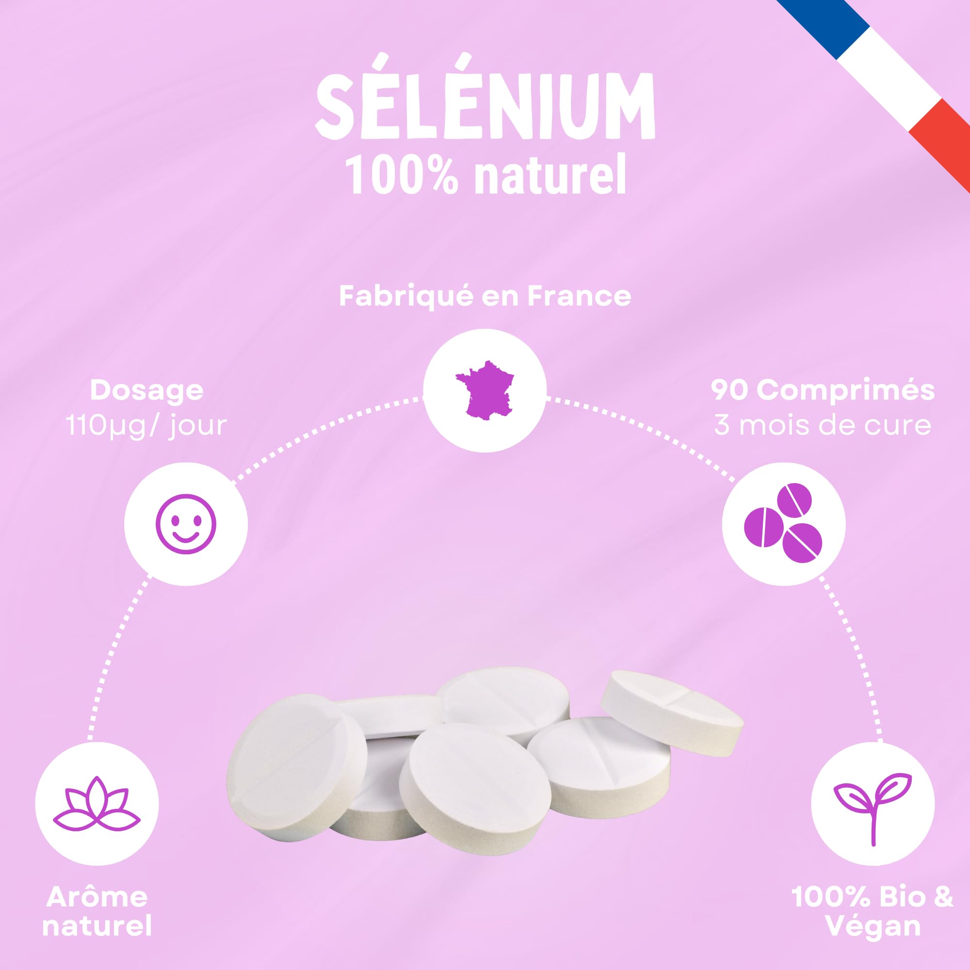 Selenium Naturel Vegan 110 µg, 200% AR - Antioxydant et Protection Cellulaire - Immunité et Peau - Cheveux et Ongles - 90 Comprimés - Fabriqué en France